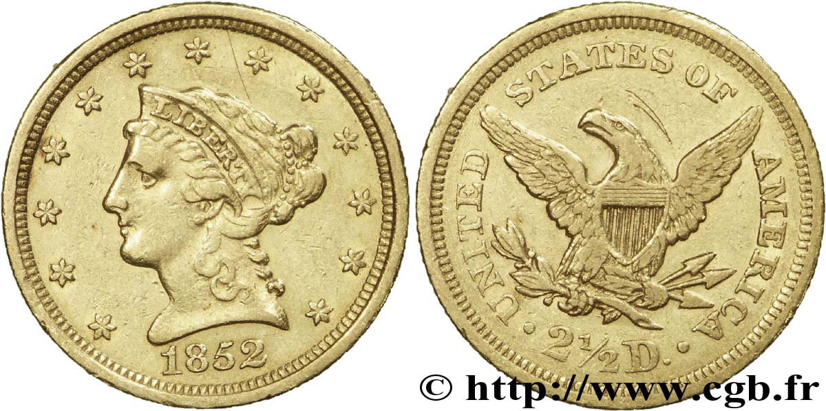 ÉTATS-UNIS D AMÉRIQUE 2 1/2 Dollars or (Quarter Eagle) type “Liberty Head” 1852 Philadelphie TTB 