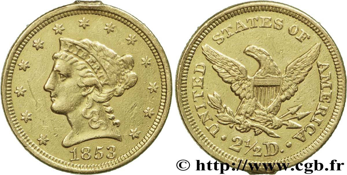 ÉTATS-UNIS D AMÉRIQUE 2 1/2 Dollars or (Quarter Eagle) type “Liberty Head” 1853 Philadelphie TTB 
