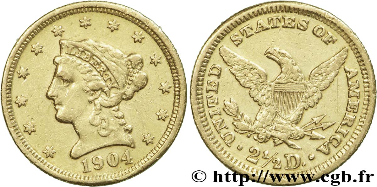 ÉTATS-UNIS D AMÉRIQUE 2 1/2 Dollars or (Quarter Eagle) type “Liberty Head” 1904 Philadelphie TTB 