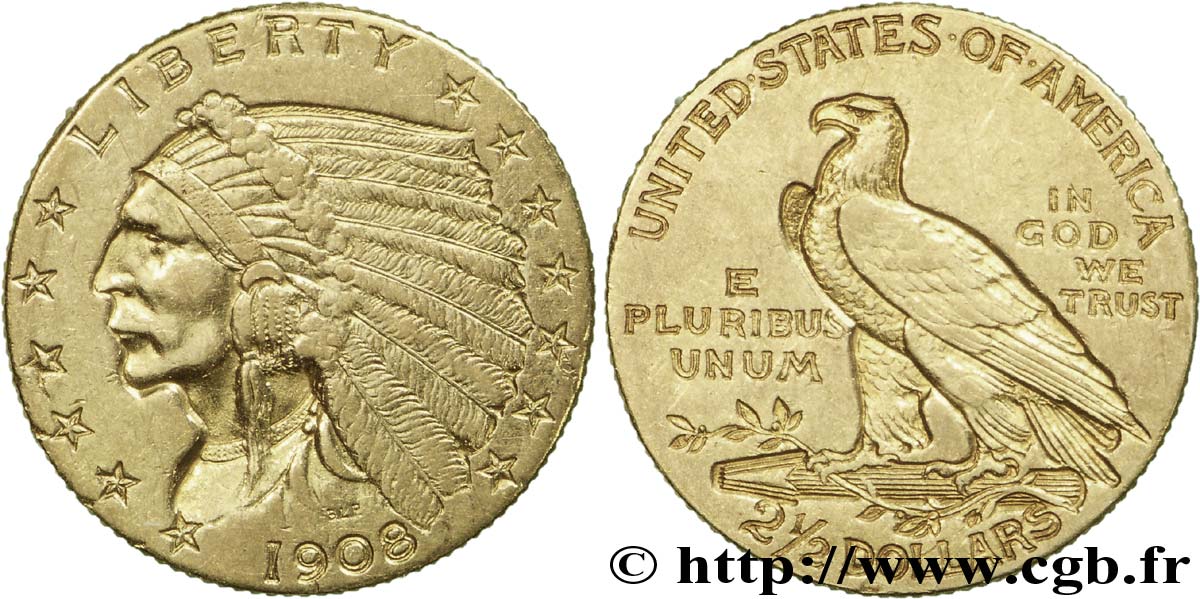 ÉTATS-UNIS D AMÉRIQUE 2 1/2 Dollars or (Quarter Eagle) type “tête d’indien”  1908 Philadelphie SUP 