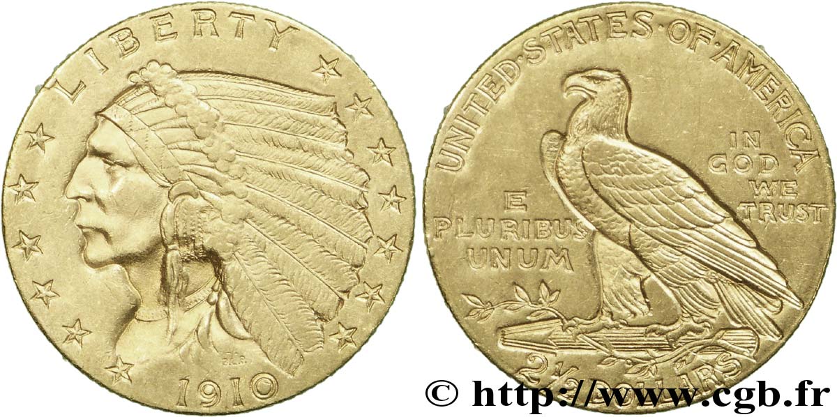 ÉTATS-UNIS D AMÉRIQUE 2 1/2 Dollars or (Quarter Eagle) type “tête d’indien”  1910 Philadelphie SUP 