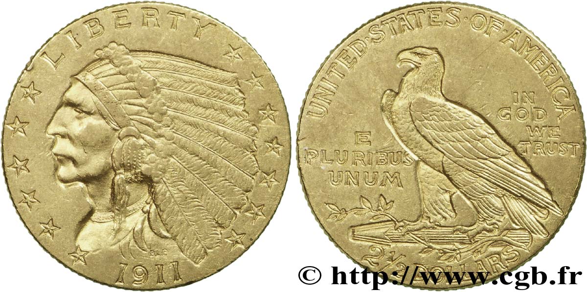 ÉTATS-UNIS D AMÉRIQUE 2 1/2 Dollars or (Quarter Eagle) type “tête d’indien”  1911 Philadelphie SUP 