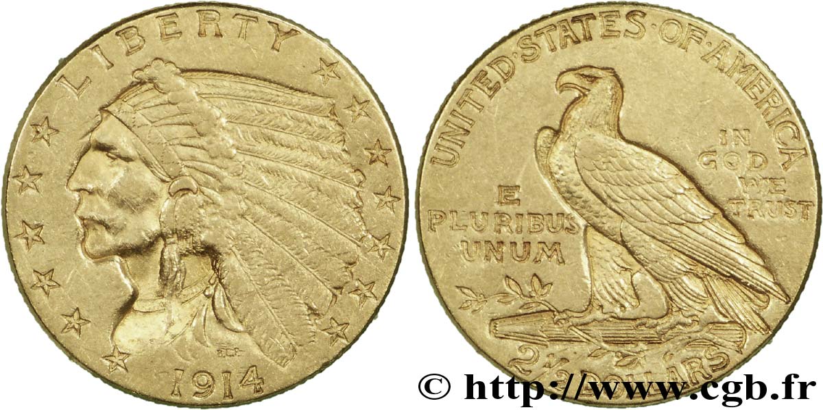 ÉTATS-UNIS D AMÉRIQUE 2 1/2 Dollars or (Quarter Eagle) type “tête d’indien”  1914 Philadelphie SUP 