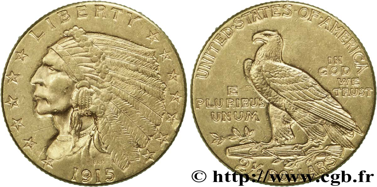 ÉTATS-UNIS D AMÉRIQUE 2 1/2 Dollars or (Quarter Eagle) type “tête d’indien”  1915 Philadelphie SUP 