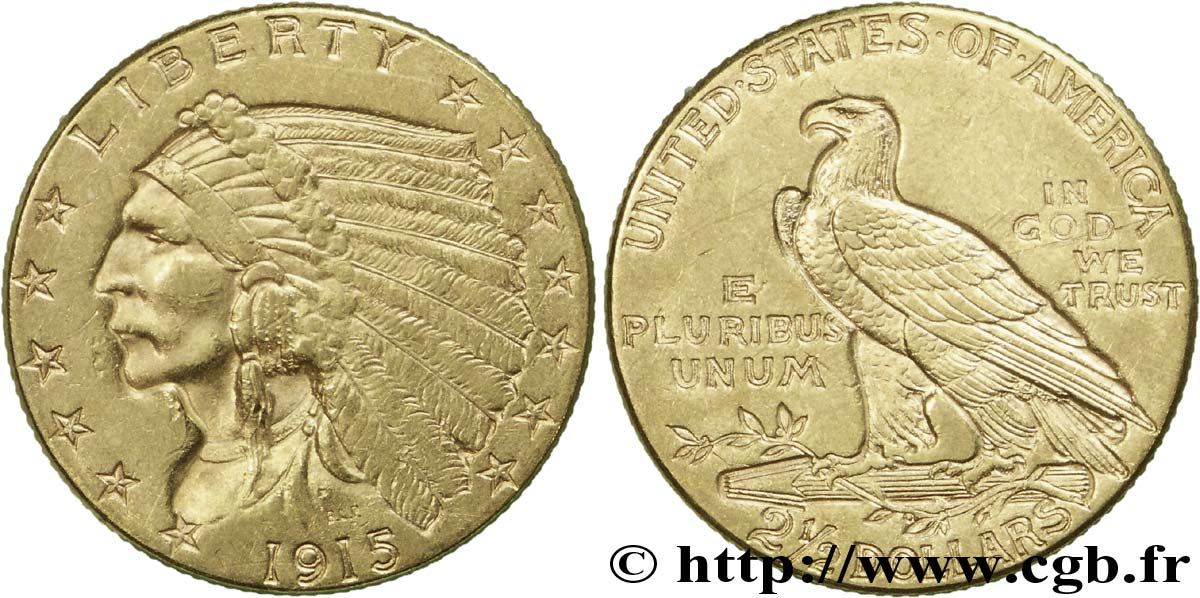 ÉTATS-UNIS D AMÉRIQUE 2 1/2 Dollars or (Quarter Eagle) type “tête d’indien”  1915 Philadelphie SUP 