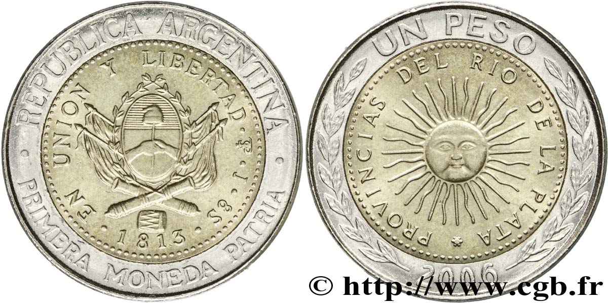 ARGENTINE 1 Peso emblème / soleil frappe médaille 2006  SPL 