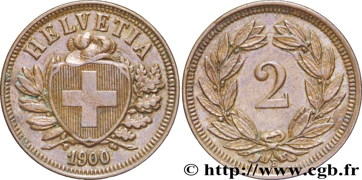 SUISSE 2 Centimes (Rappen) croix suisse 1900 Berne - B SUP 