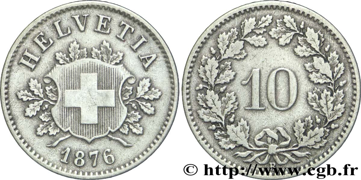 SUISSE 10 Centimes (Rappen) croix suisse 1876 Berne - B TTB+ 