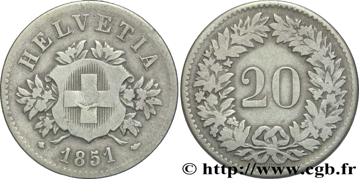 SUISSE 20 Centimes (Rappen) croix suisse 1851 Strasbourg - BB TB 