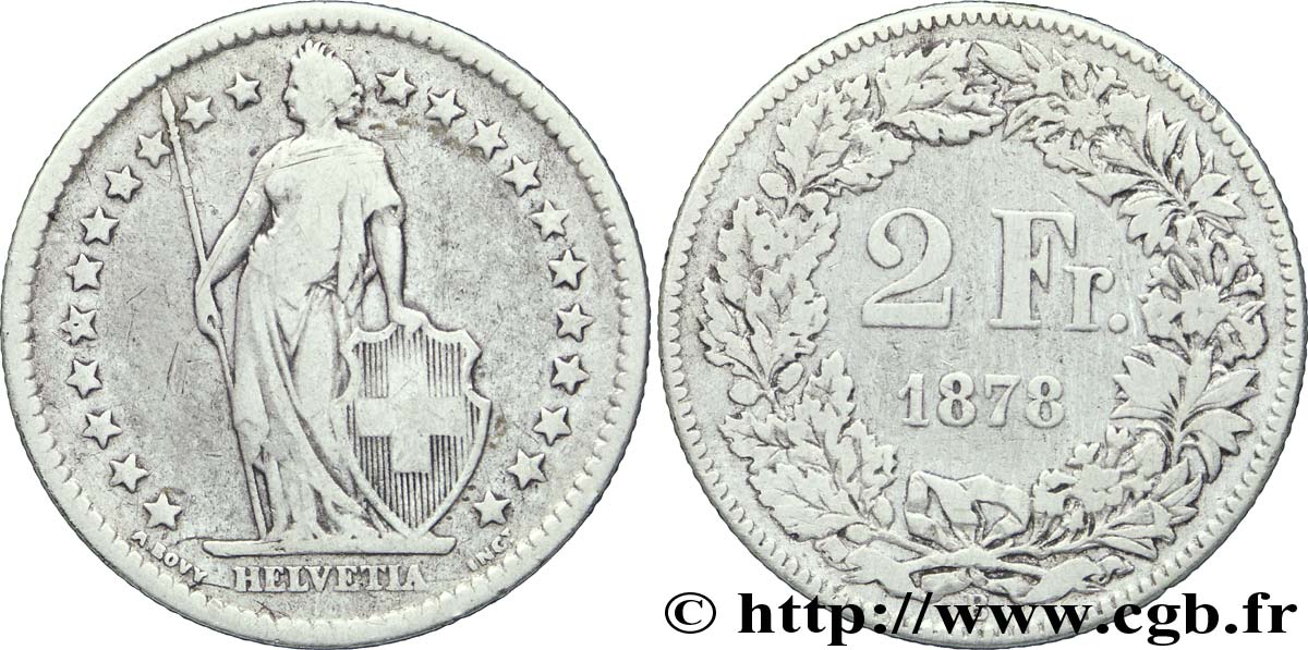 SUISSE 2 Francs Helvetia 1878 Berne - B TB 