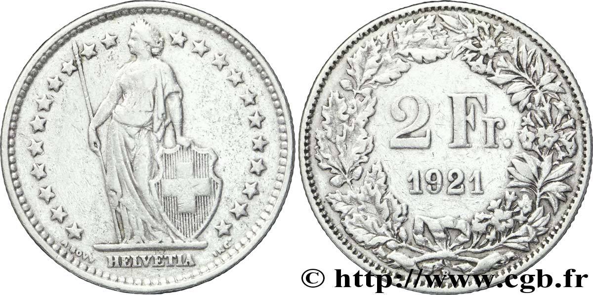 SUISSE 2 Francs Helvetia 1921 Berne - B TB 