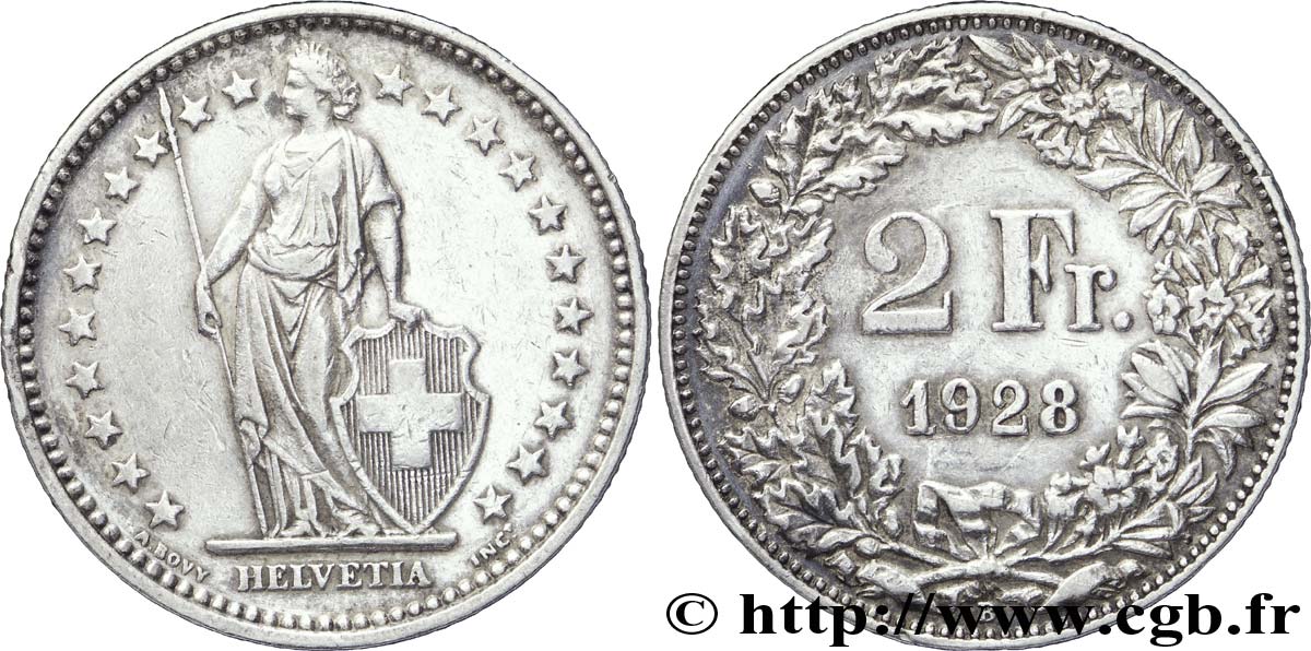 SUISSE 2 Francs Helvetia 1928 Berne - B TTB+ 