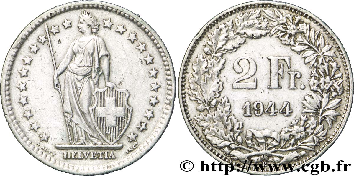 SUISSE 2 Francs Helvetia 1944 Berne - B TTB+ 