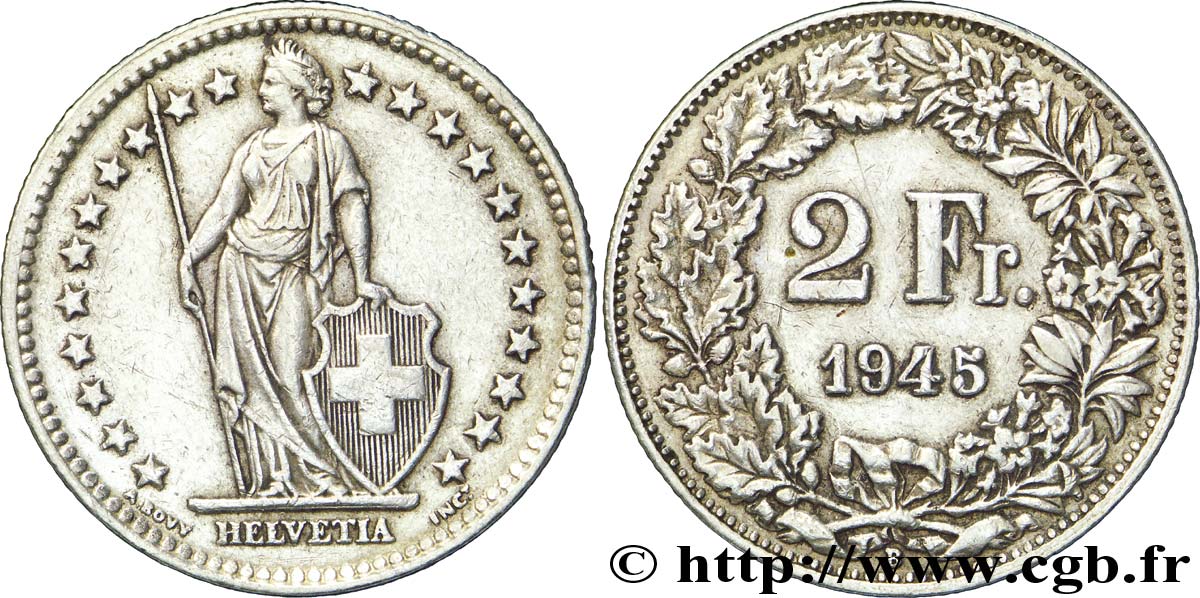 SWITZERLAND 2 Francs Helvetia 1945 Berne AU 