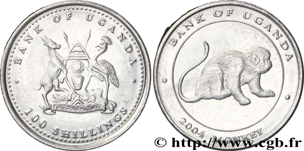 OUGANDA 100 Shillings série singes type 3 : emblème / singe 2004  SPL 