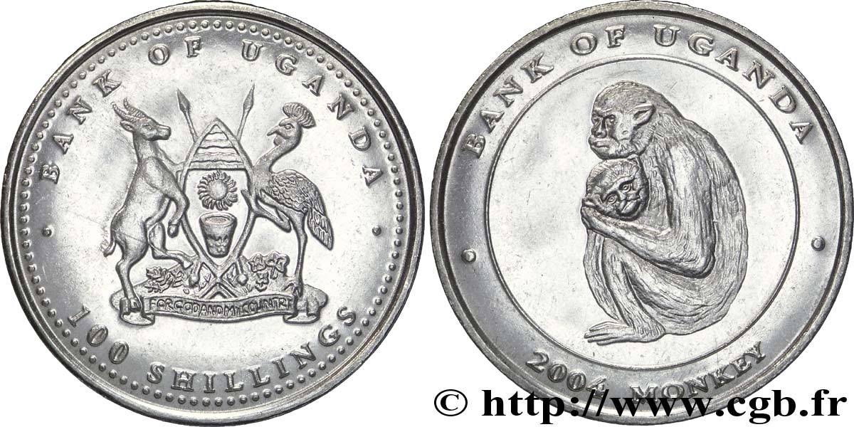 OUGANDA 100 Shillings série singes type 4 : emblème / mère et son petit 2004  SPL 