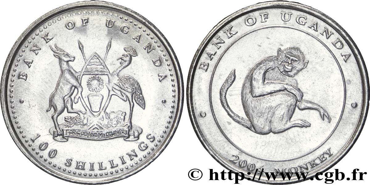 OUGANDA 100 Shillings série singes type 5 : emblème / singe 2004  SPL 