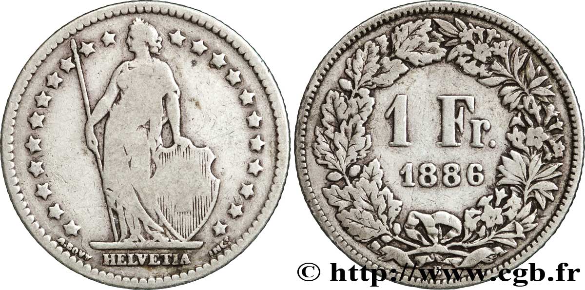 SWITZERLAND 1 Franc Helvetia 1886 Berne VF 