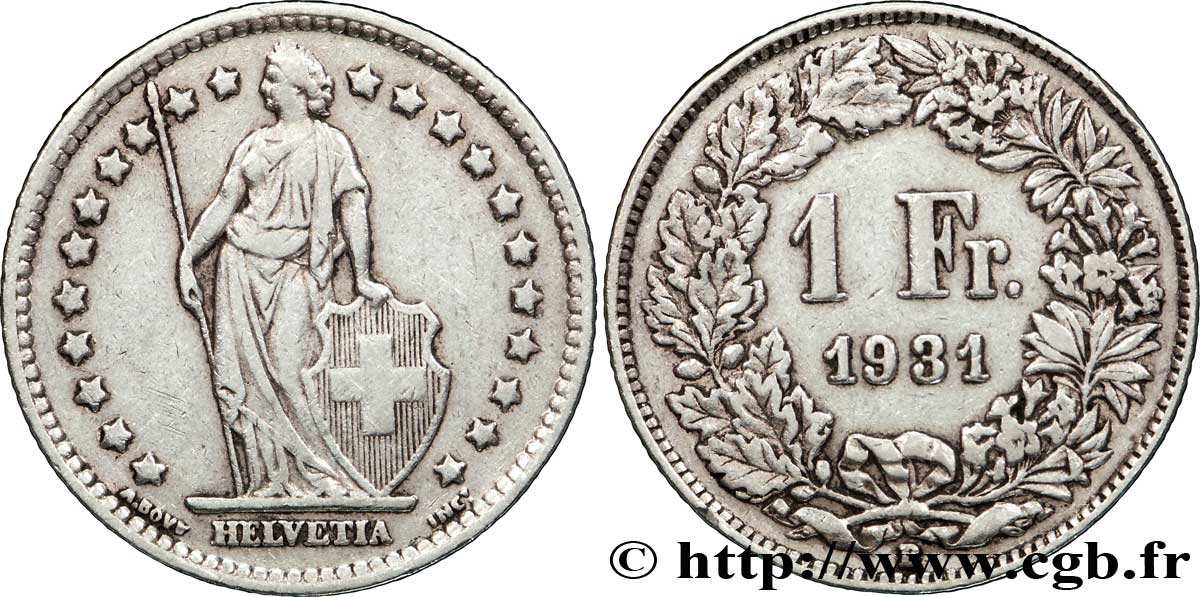 SWITZERLAND 1 Franc Helvetia 1931 Berne XF 