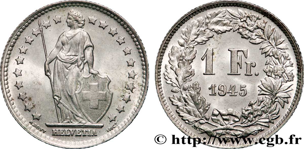 SWITZERLAND 1 Franc Helvetia 1945 Berne - B AU 