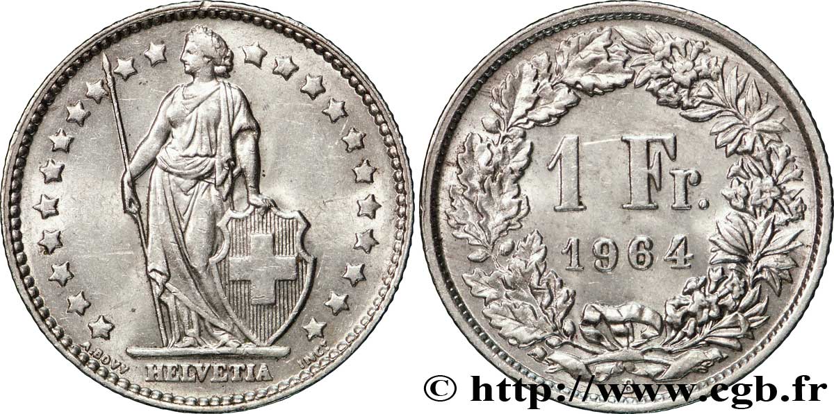 SWITZERLAND 1 Franc Helvetia 1964 Berne AU 