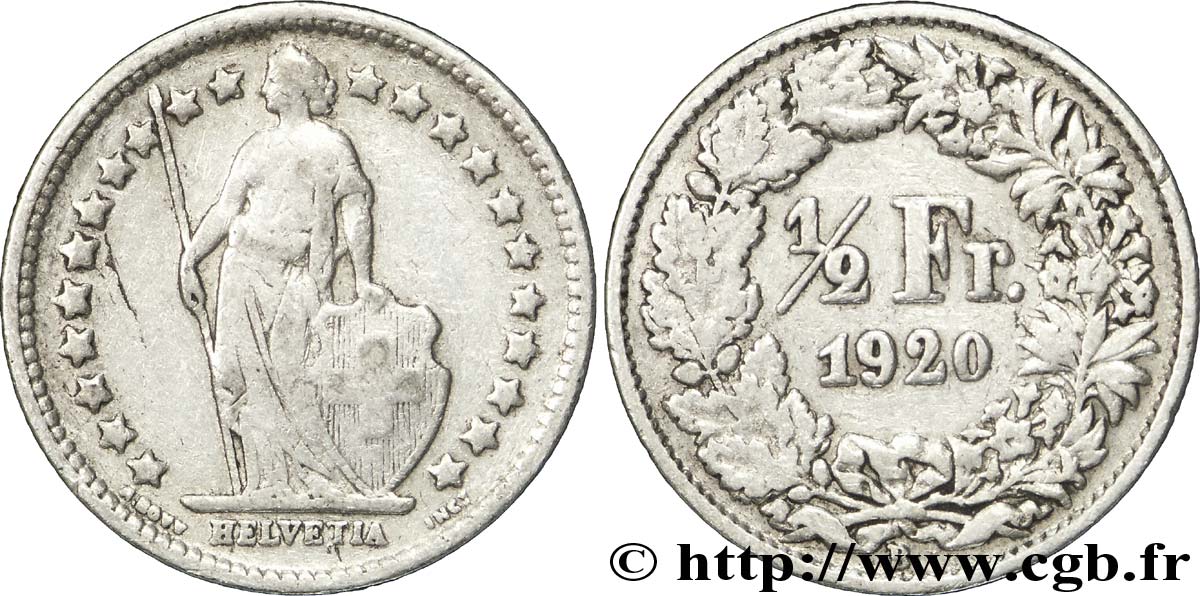 SWITZERLAND 1/2 Franc Helvetia 1920 Berne - B VF 