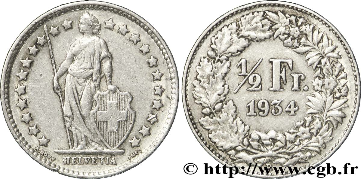SWITZERLAND 1/2 Franc Helvetia 1934 Berne AU 