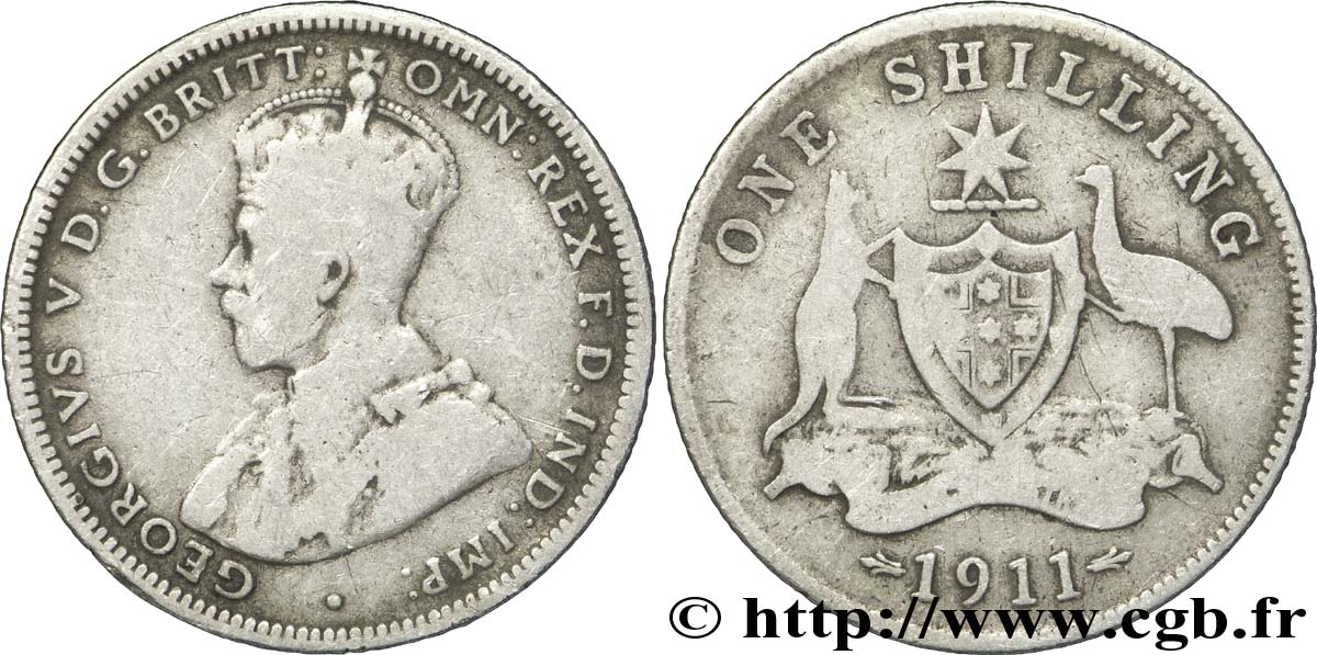 AUSTRALIE 1 Shilling Georges V / écu encadré par un kangoorou et un émeu 1911 Londres B+ 