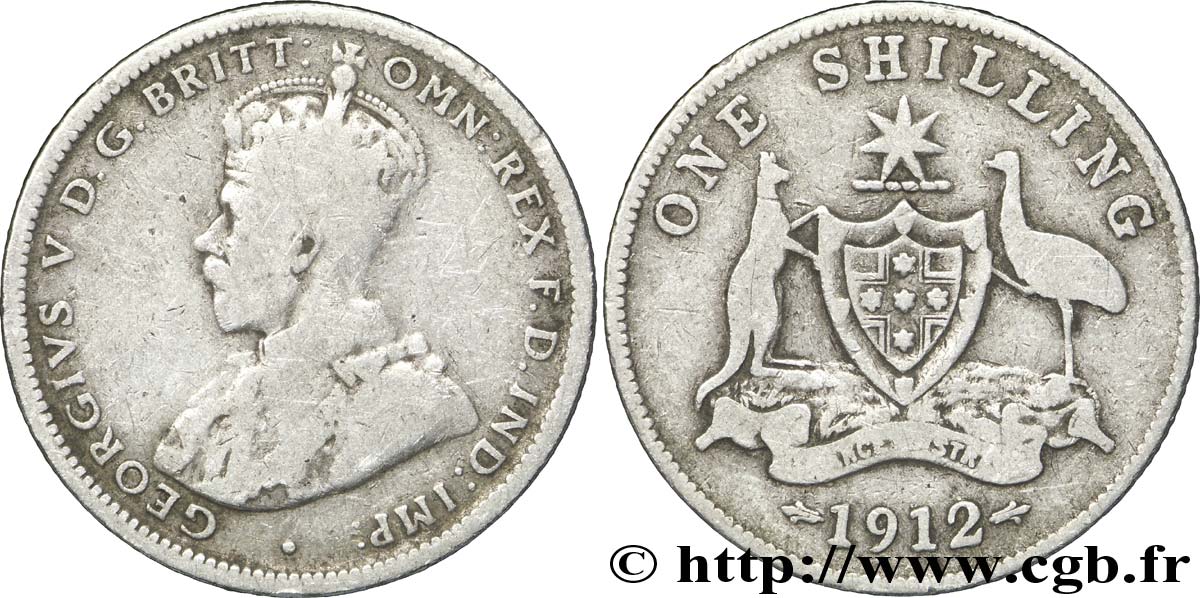 AUSTRALIE 1 Shilling Georges V / écu encadré par un kangoorou et un émeu 1912 Londres B+ 