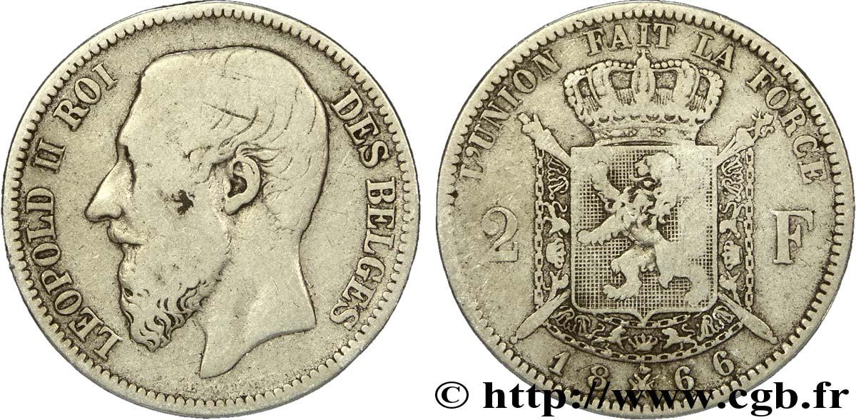 BELGIQUE 2 Francs Léopold II légende française 1866  B+ 