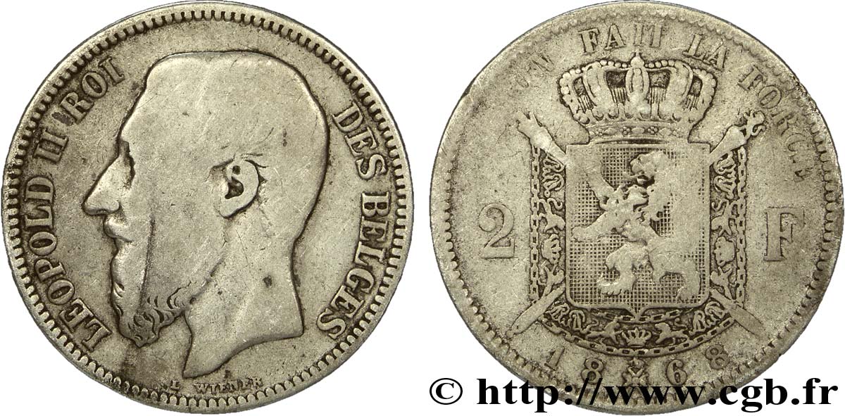 BELGIQUE 2 Francs Léopold II légende française 1868  B+ 