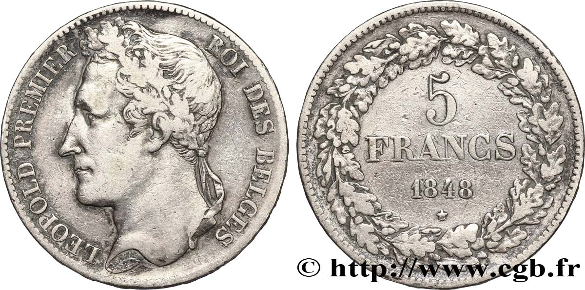 BELGIQUE 5 Francs Léopold Ier tête laurée 1848  TB+ 