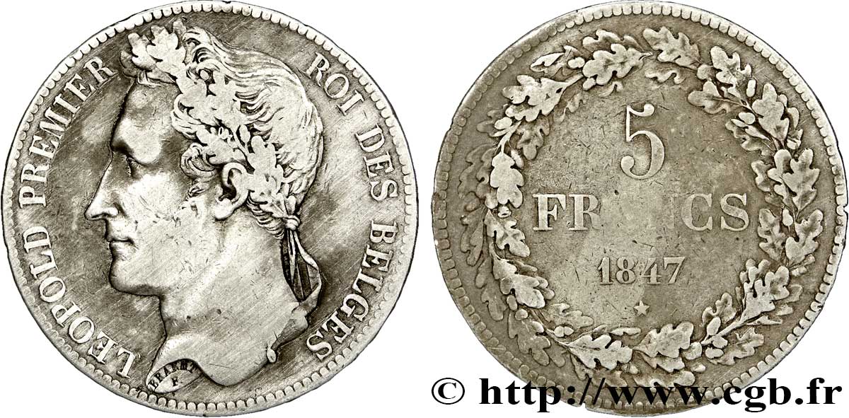 BELGIQUE 5 Francs Léopold Ier tête laurée 1847  TB+ 