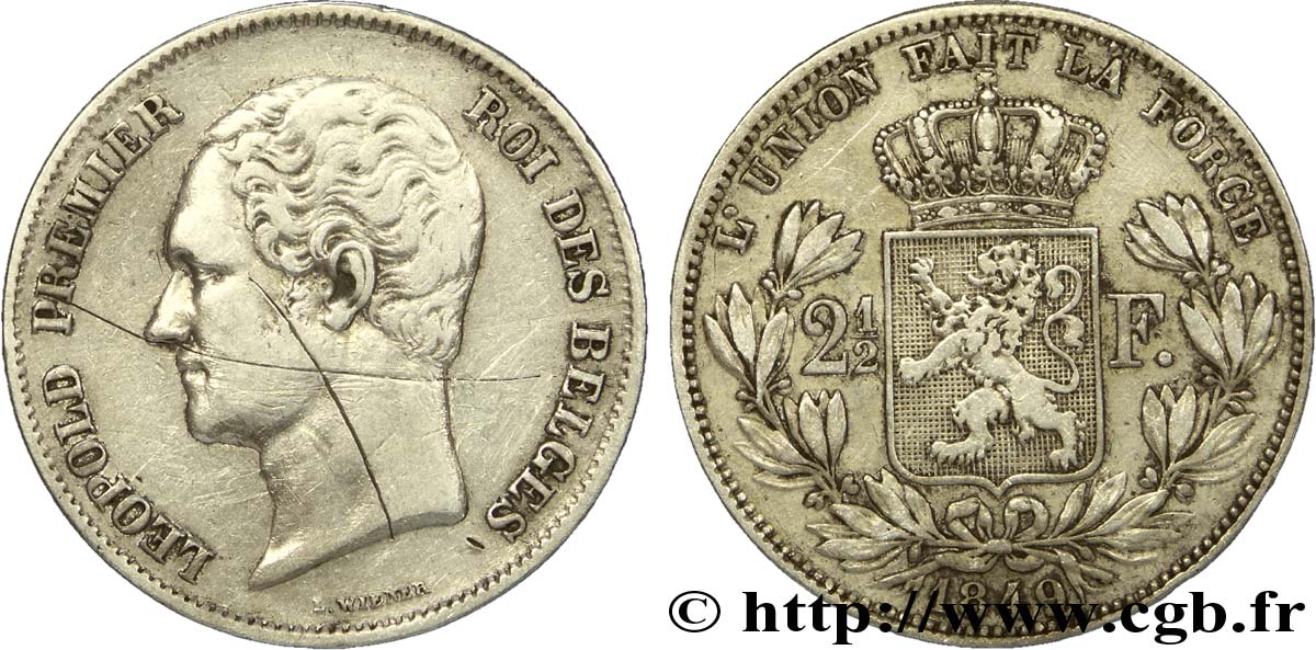 BELGIQUE 2 1/2 Francs Léopold Ier tête nue variété à petite tête 1849  TB 