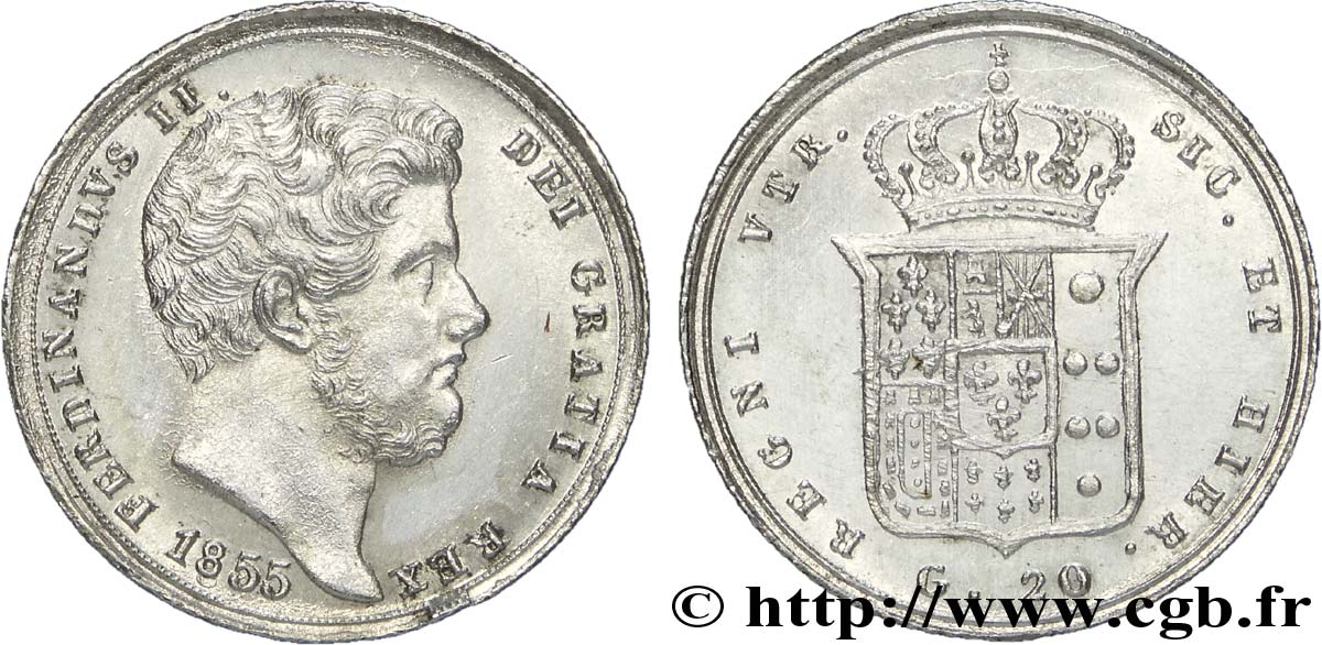 ITALIE - ROYAUME DES DEUX-SICILES 20 Grana Royaume des Deux-Siciles, Ferdinand II / écu couronné 1855 Naples SUP 