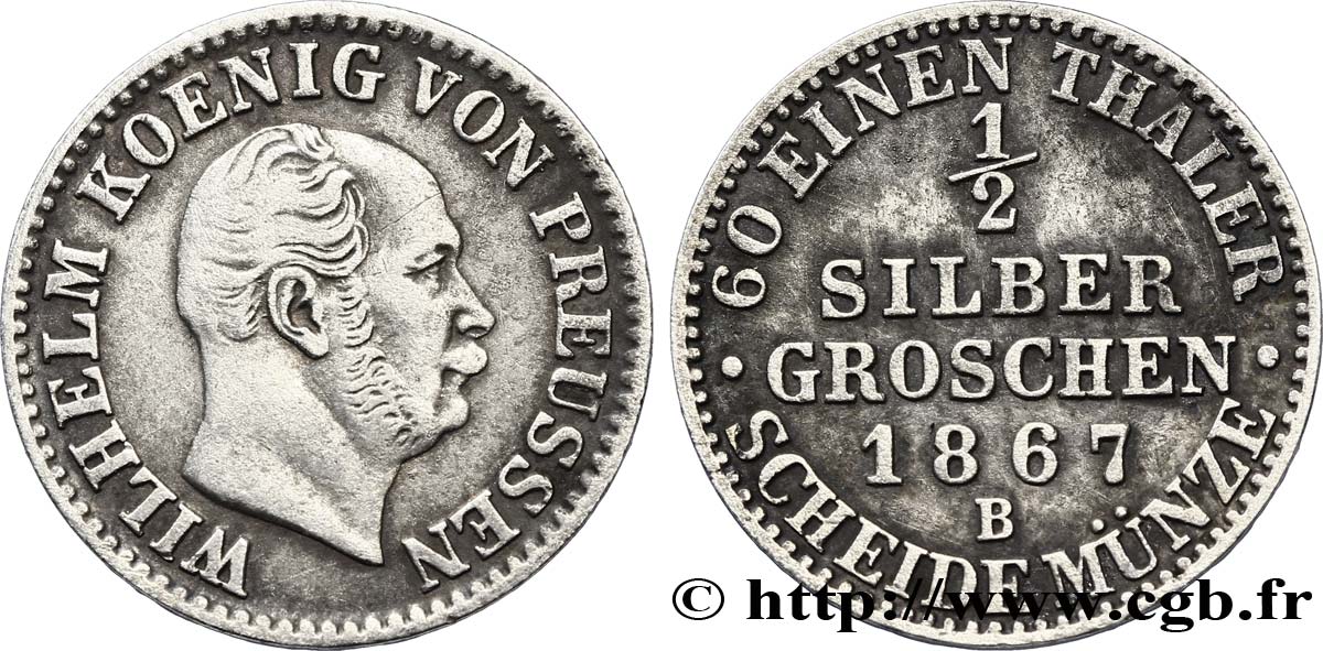 ALLEMAGNE - PRUSSE 1/2 Silbergroschen Royaume de Prusse Guillaume Ier 1867 Hanovre - B TTB+ 