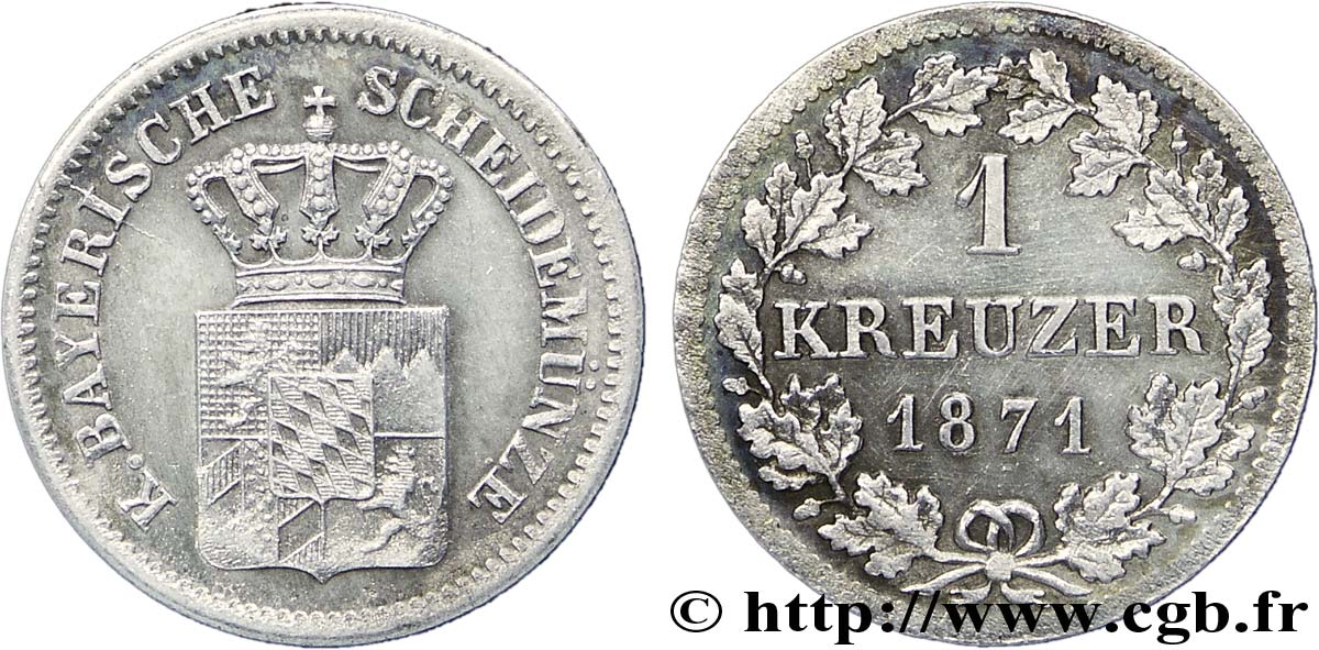 ALLEMAGNE - BAVIÈRE 1 Kreuzer armes couronnées de Bavière 1871  SPL 