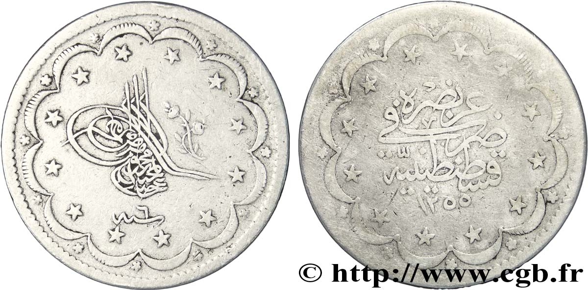 TURQUIE 20 Kurush Abdul Mejid an AH1255 / 6 1844 Constantinople TB 