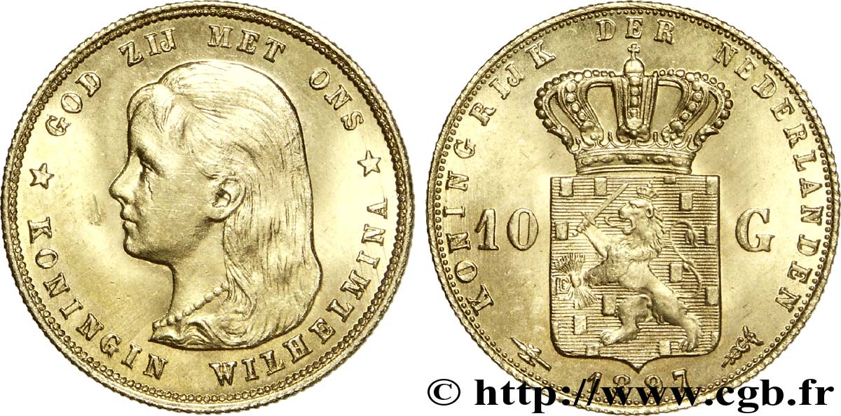 PAYS-BAS 10 Gulden or Reine Wilhelmina 1897 Utrecht SPL63 