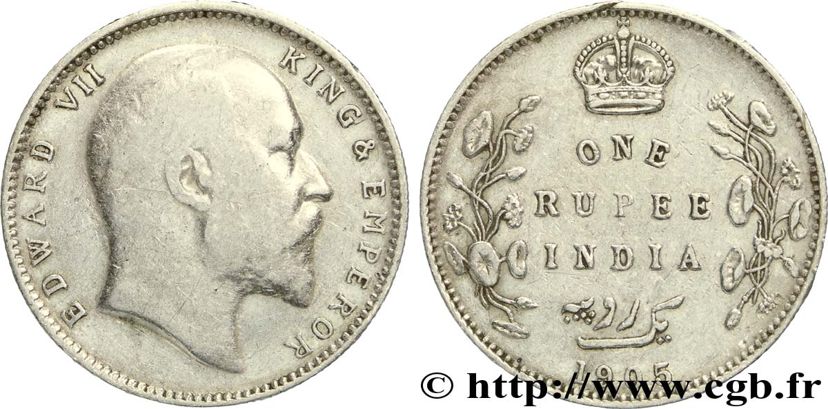 INDES BRITANNIQUES 1 Roupie Edouard VII 1905 Calcutta TB 