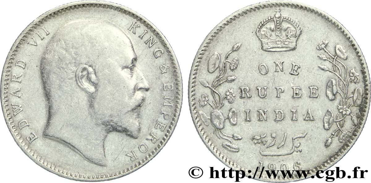 INDES BRITANNIQUES 1 Roupie Edouard VII 1906 Calcutta TB+ 
