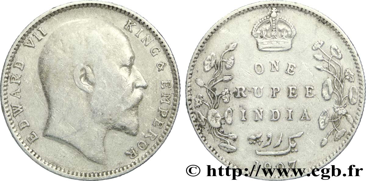 INDES BRITANNIQUES 1 Rupee (Roupie) Edouard VII 1907 Calcutta TB 