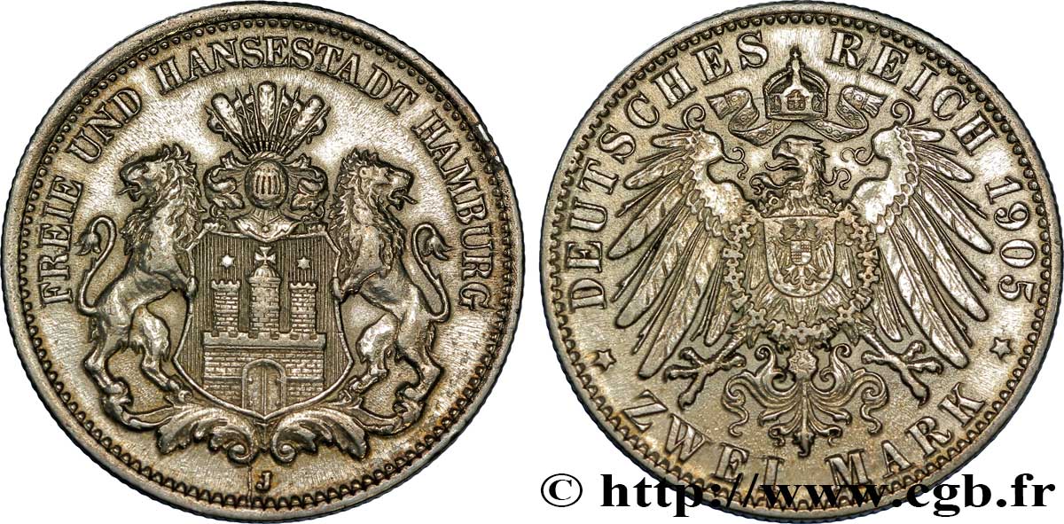 GERMANY - HAMBURG FREE CITY 2 Mark blason de Hambourg / aigle 1905 Hambourg - J XF