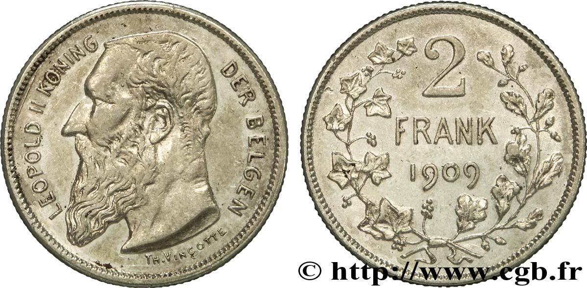 BELGIQUE 2 Francs (Frank) Léopold II légende flamande 1909  SUP 