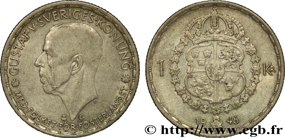 SUÈDE 1 Krona Gustave V 1946  TTB 