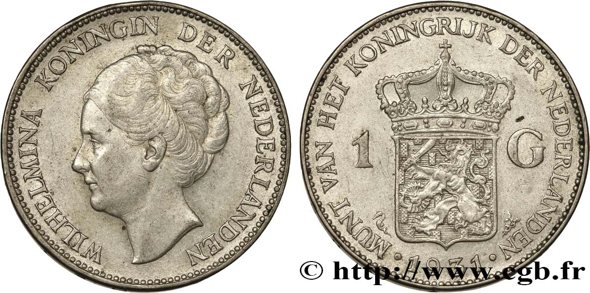 NETHERLANDS 1 Gulden Wilhelmina 1931  AU 