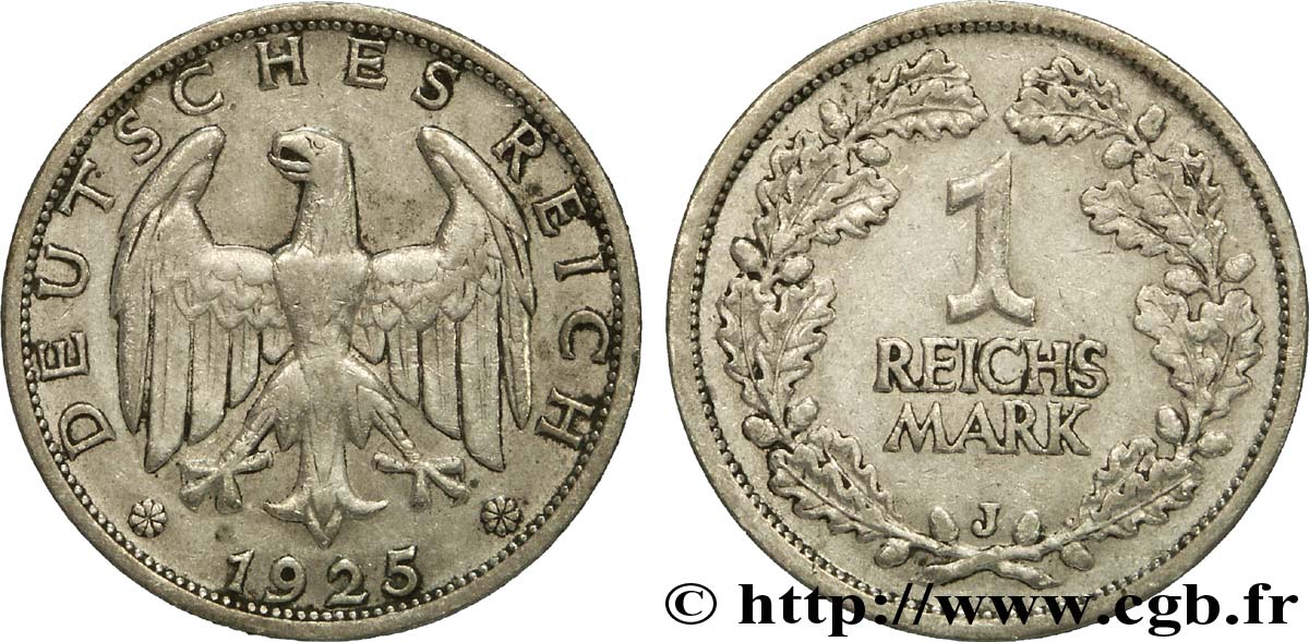 ALLEMAGNE 1 Reichsmark aigle héraldique 1925 Hambourg - J TB+ 
