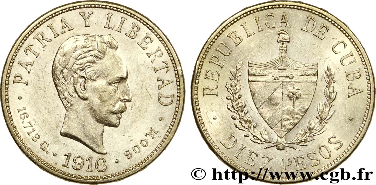 CUBA 10 Pesos OR emblème de la République / José Marti 1916 Philadelphie SUP 