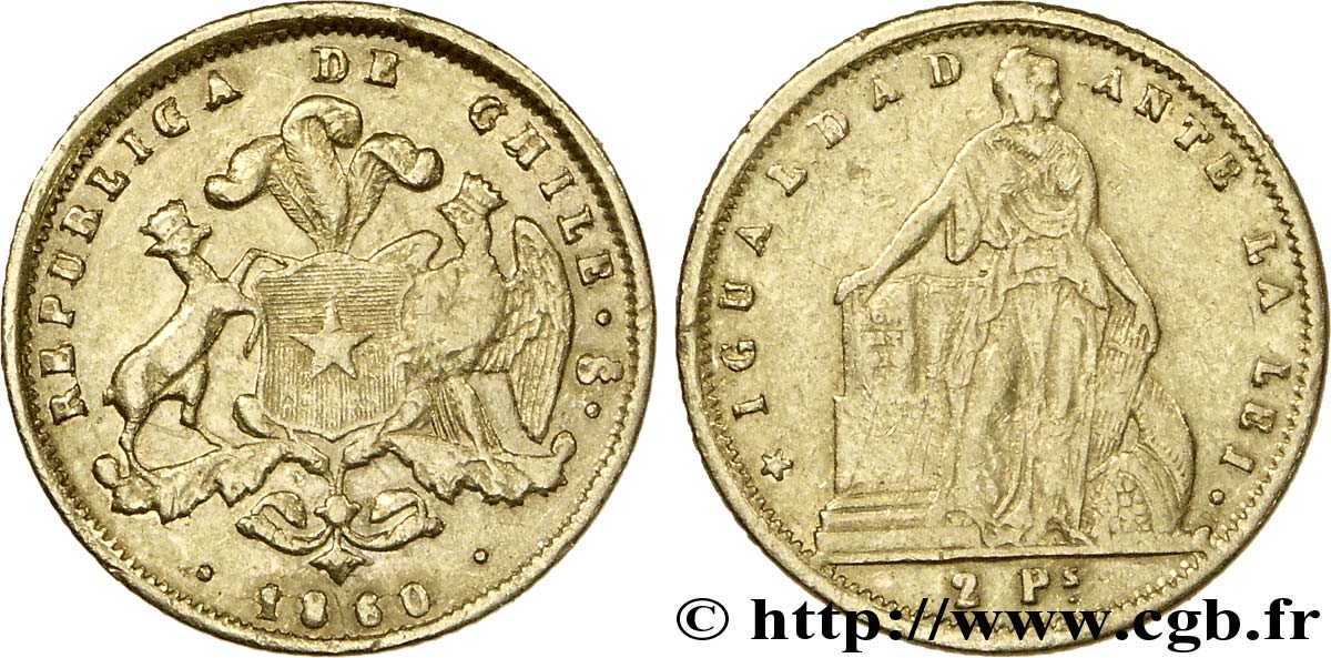 CHILI 2 Pesos Or 1860 Santiago du Chili TTB 