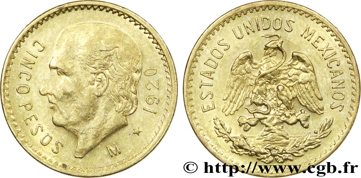 MEXIQUE 5 Pesos or Aigle du Mexique / Miguel Hidalgo 1920 Mexico SUP 